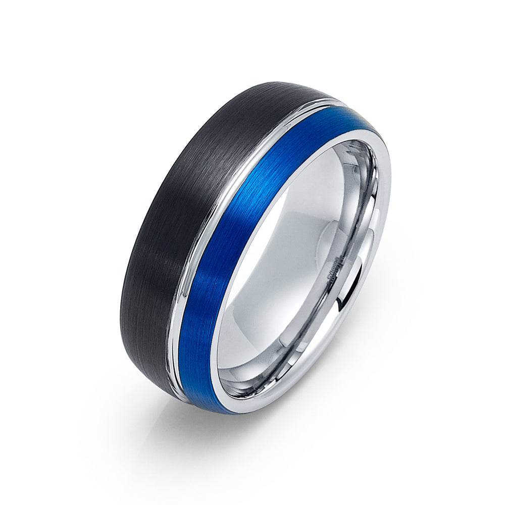8mm -Mens Tungsten Ring Dome Wedding Band Groove Black Blue Silver Ring