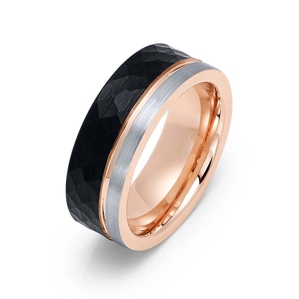 8mm - Mens Tungsten Wedding Band Ring Faceted Black Off Center Rose Gold Groove Comfort-fit