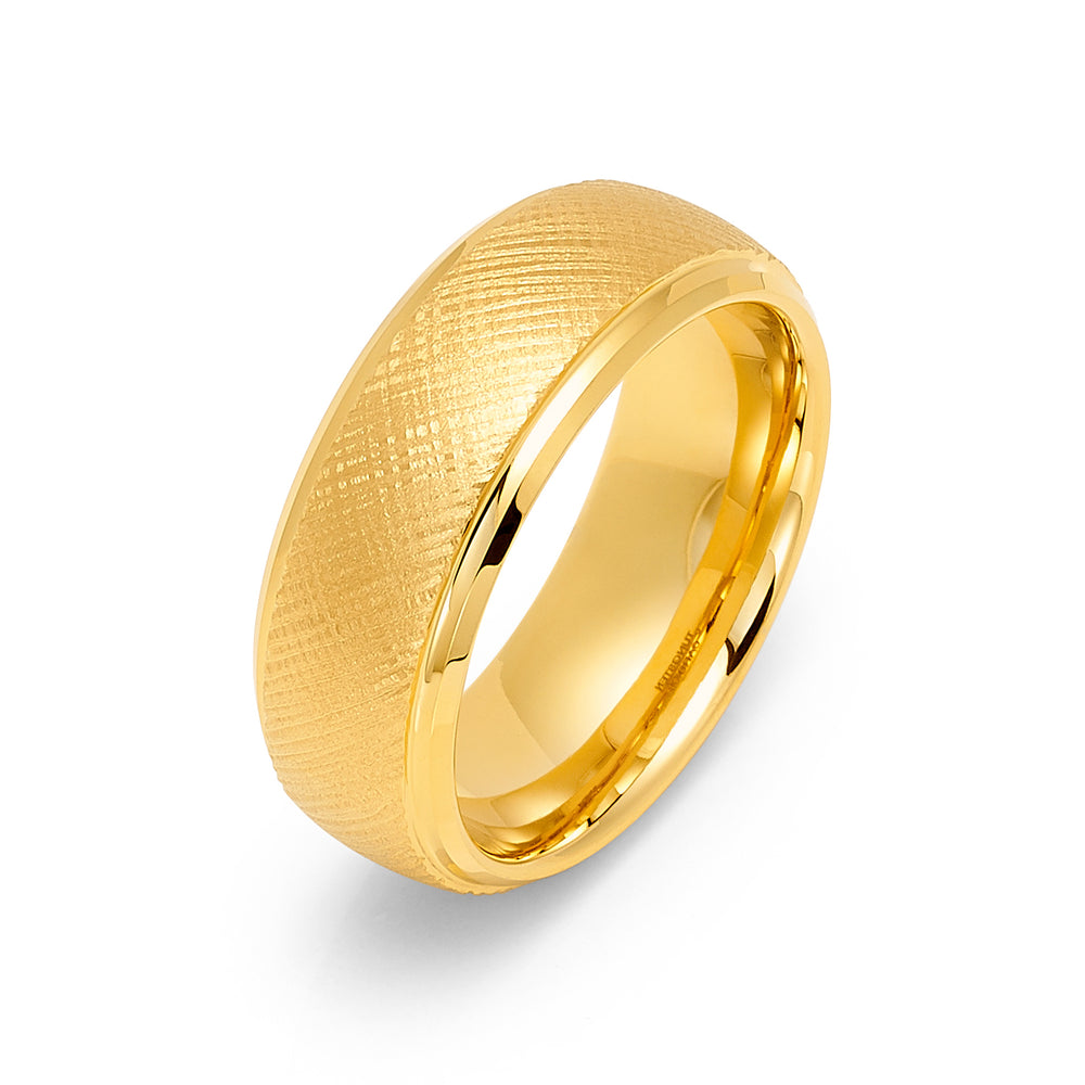 8MM - 14K YELLOW GOLD TUNGSTEN WEDDING BAND Florentine BRUSHED FINISH,