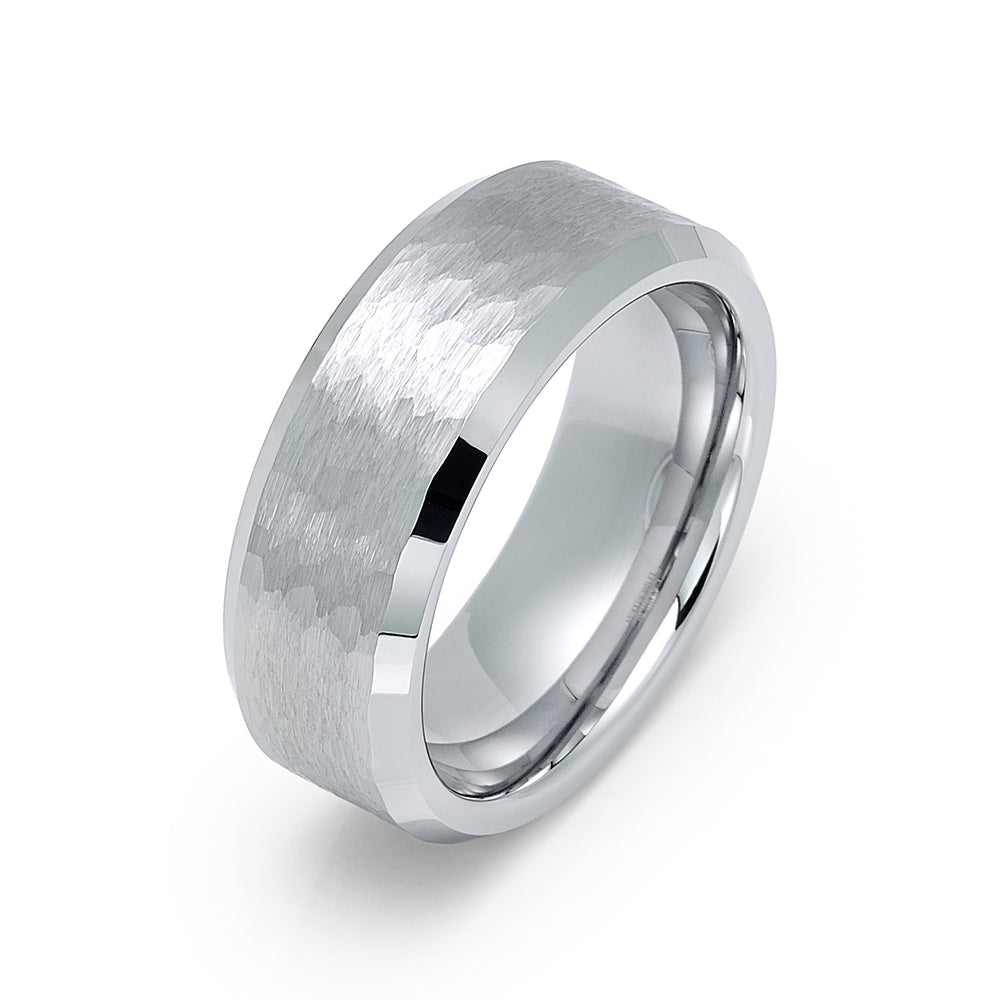 8mm Silver Tungsten Carbide Hammered Wedding Ring Beveled Edges