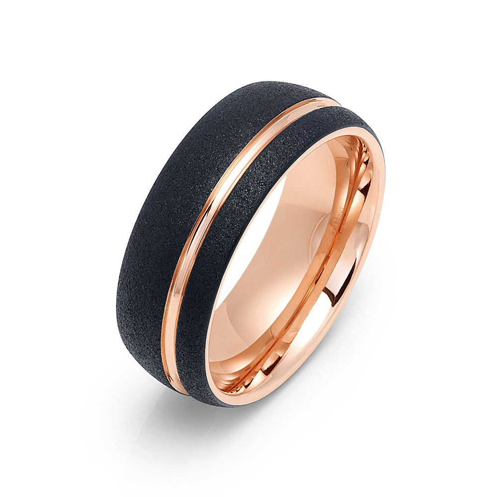 8mm Rose Gold & Black Tungsten Carbide Sand blasted Wedding Ring with Rose Gold Groove