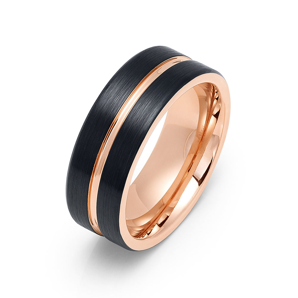 8mm Black Tungsten Carbide Wedding Ring with Rose Gold Groove