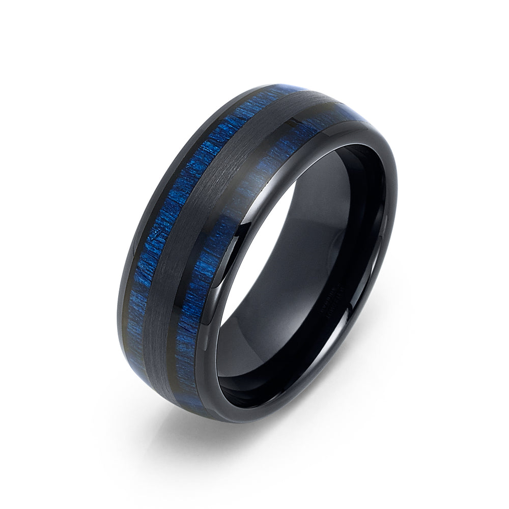 8mm - Tungsten Double Barrel Real Blue Wood Inlay Ring Wedding Band Dome