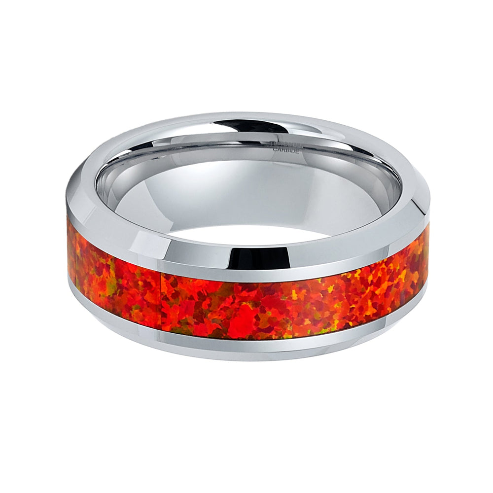 8mm Silver Tungsten Carbide Wedding Band W/ Red Fire Opal Inlay