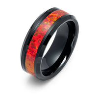 8mm - Black Tungsten Ring, with Red Fire Opal Inlay, Wedding Ring, Red Opal Ring