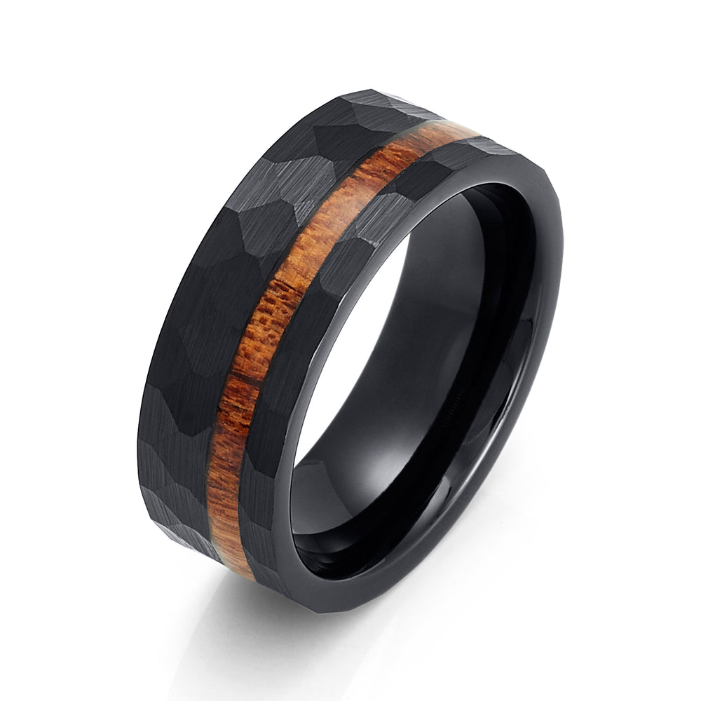 8mm - Black Tungsten Hammered Band with Koa Wood Inlay, Wedding Ring
