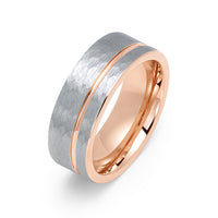 8mm Hammered Brushed Tungsten Carbide Wedding Band with Rose Gold Groove Ring