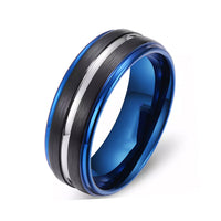 8mm Blue Tungsten Carbide Ring W/ Black Brush & Silver Center Groove