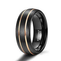 8mm - Black Tungsten Ring Rose Gold Thin Groove Line Dome Brushed Comfort Fit