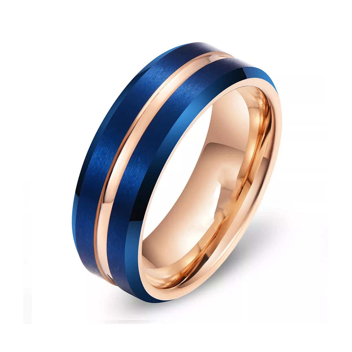 8mm - Rose Gold & Blue Brush Matte Finish Tungsten Carbide Ring Beveled Edge