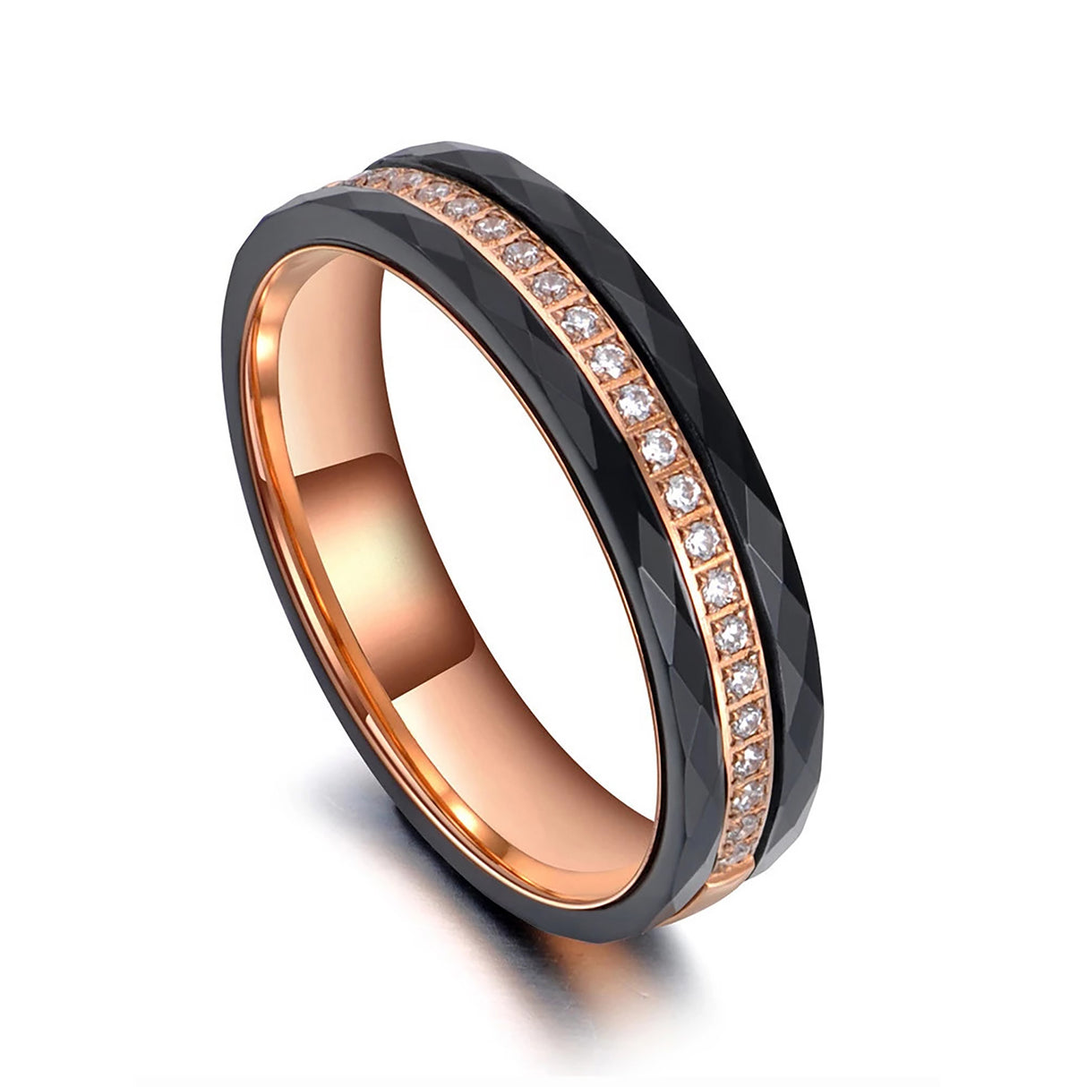 4mm Titanium / Ceramic Black & Rose Gold Woman's Ring W/ CZ Diamonds