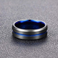 8mm - Black Blue Tungsten Carbide Ring - Grooved Beveled Edges - Wedding Band