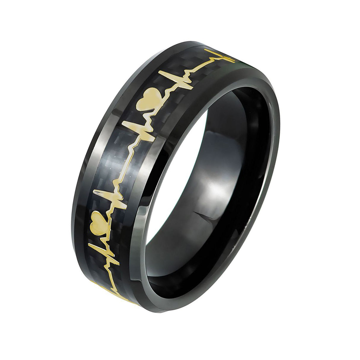 8mm - Tungsten Wedding Band Carbon Fiber W/ 14K Gold Heartbeat Inlay