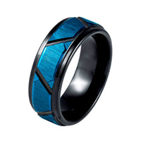 8mm - Tungsten Black & Blue Brushed Ring Trapezoids Stepped Edge Comfort Fit Wedding band