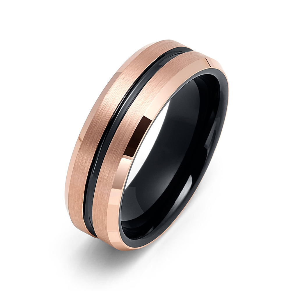 6mm - Tungsten Wedding Band Two-Tone Rose Gold & Black Center Groove