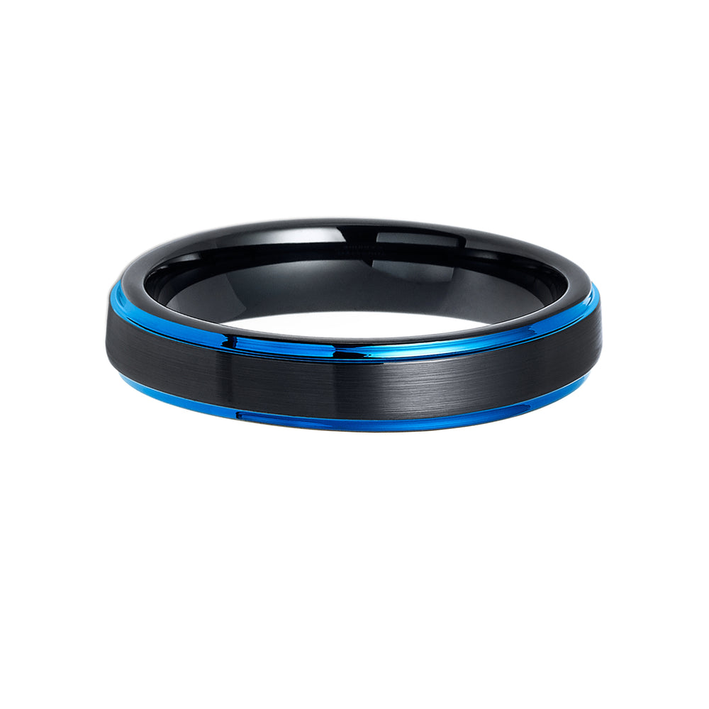 4mm - Tungsten Wedding Band Brushed Black & Blue Stepped Edges