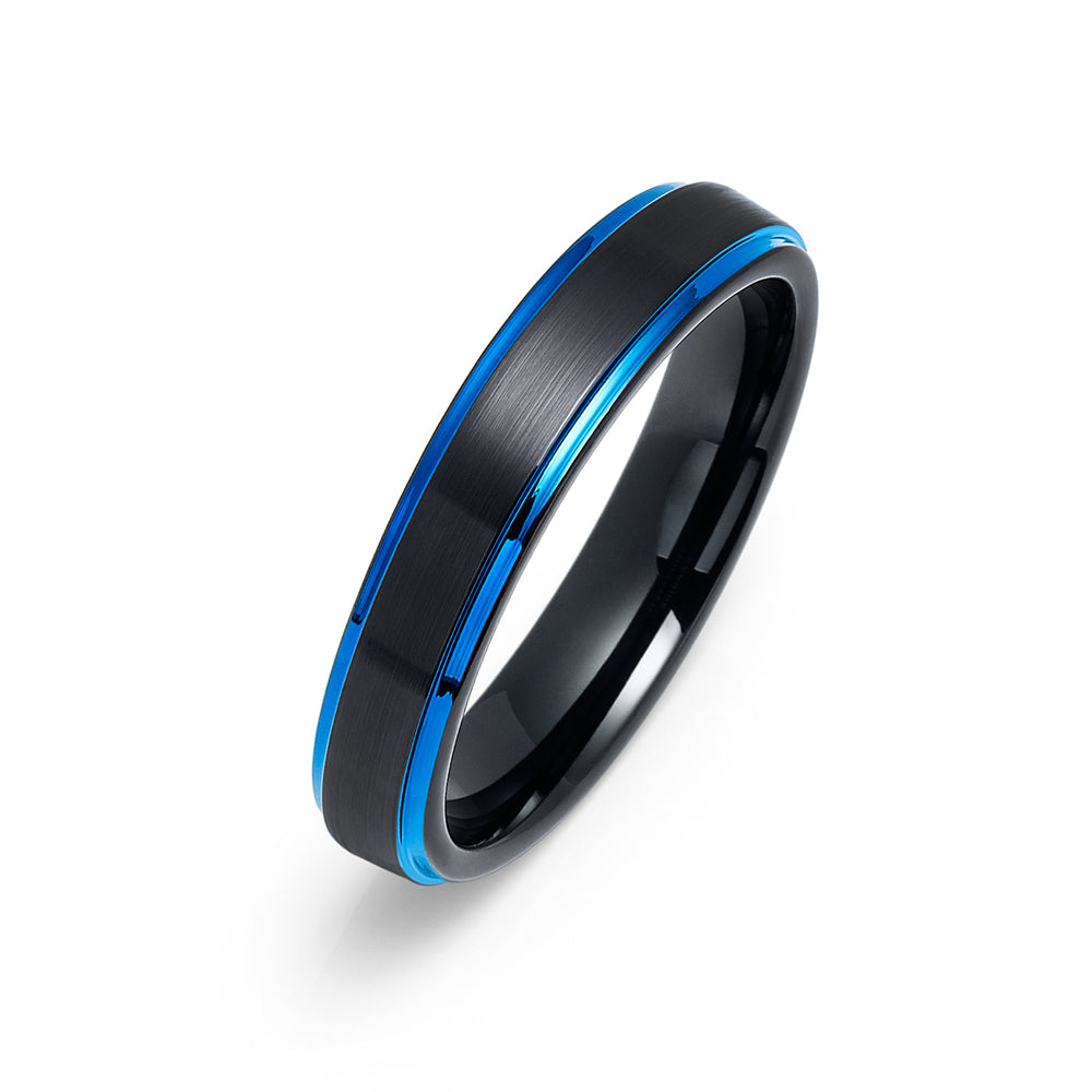 4mm - Tungsten Wedding Band Brushed Black & Blue Stepped Edges