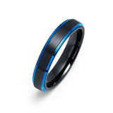 4mm - Tungsten Wedding Band Brushed Black & Blue Stepped Edges