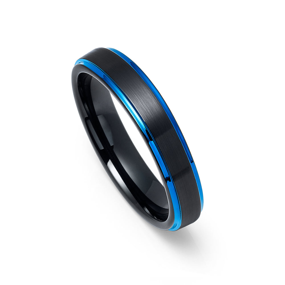 4mm - Tungsten Wedding Band Brushed Black & Blue Stepped Edges