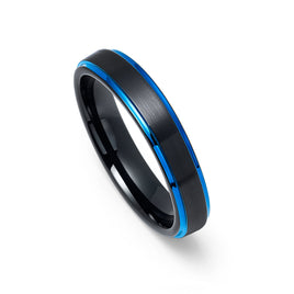 4mm - Tungsten Wedding Band Brushed Black & Blue Stepped Edges