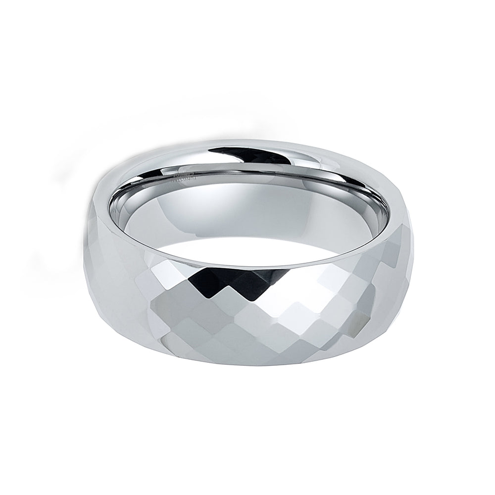 8mm Silver Diamond Hammered Faceted Tungsten Carbide Wedding Ring