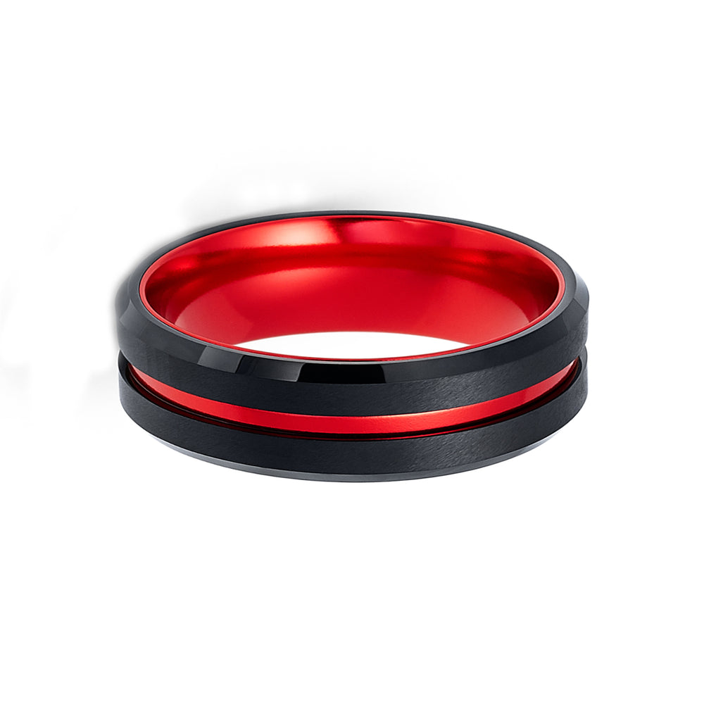 6mm - Black & Red Brush Matte Finish Tungsten Carbide Ring Beveled Edge Red Inlay Wedding Band