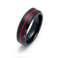 6mm - Black Tungsten Wedding Band, Red Grooved Center Ring