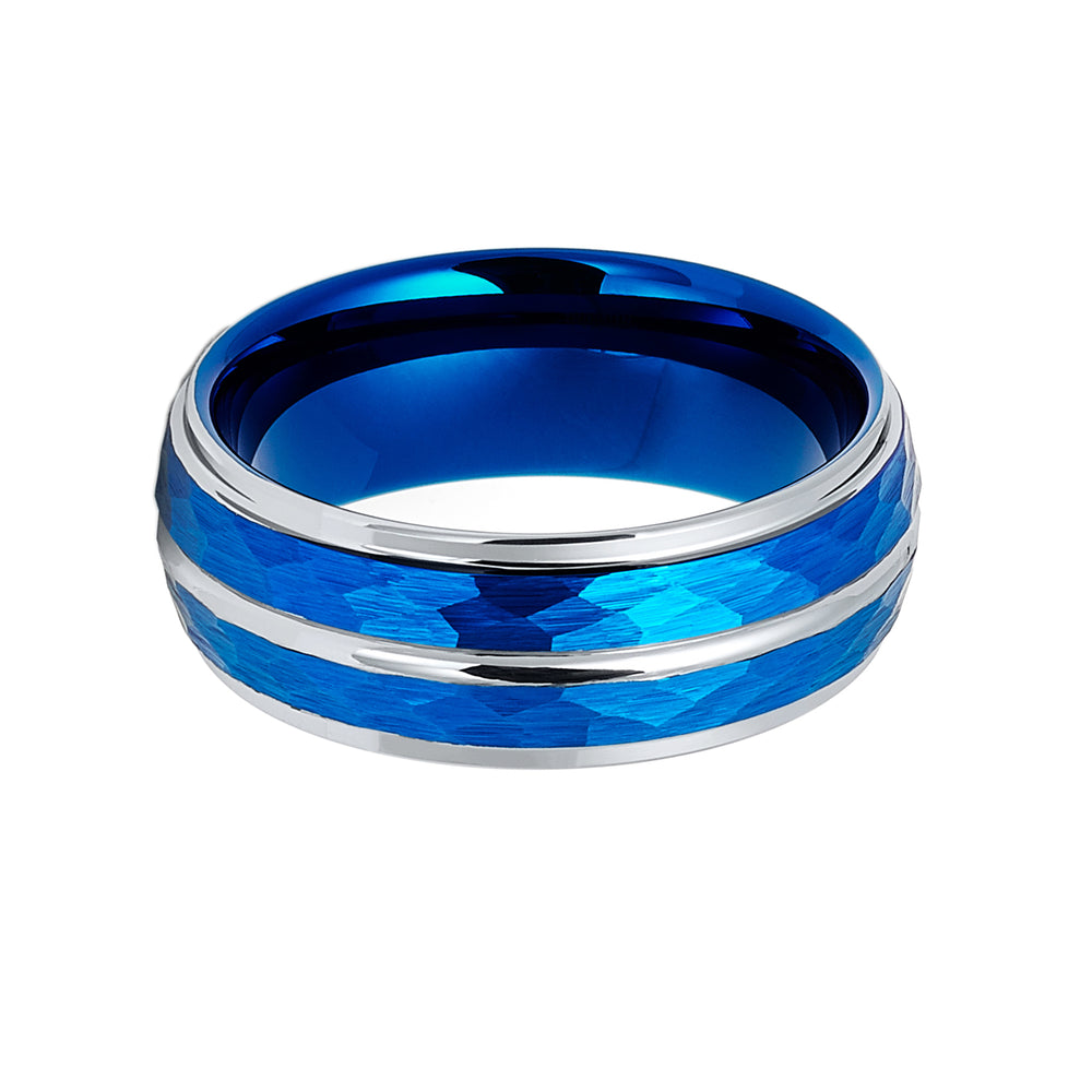 8mm Blue & Silver Tungsten Carbide Wedding Ring Hammered Finish