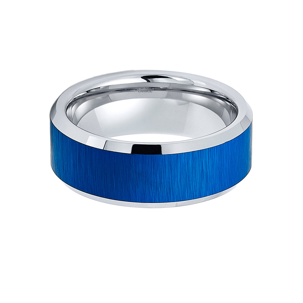 8mm Silver & Blue Tungsten Wedding Band W/ Brushed Blue Center & Polished Edges