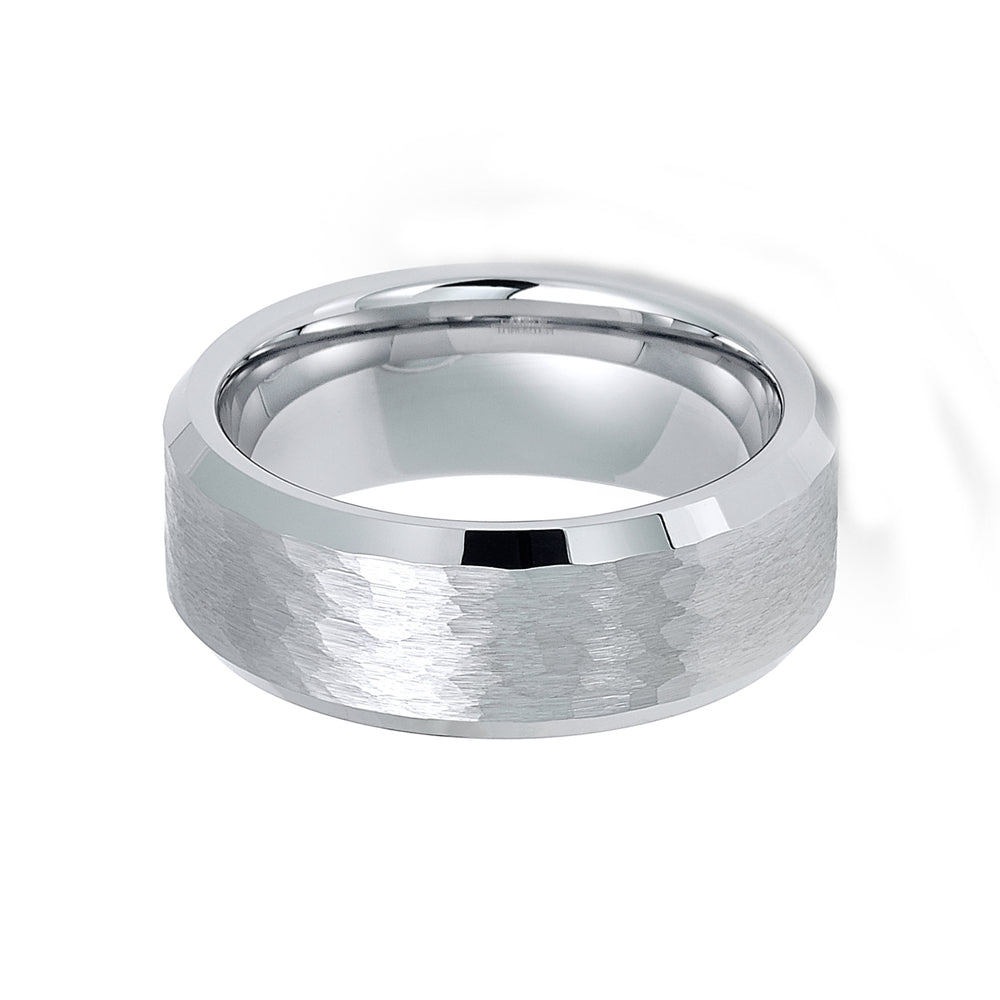 8mm Silver Tungsten Carbide Hammered Wedding Ring Beveled Edges