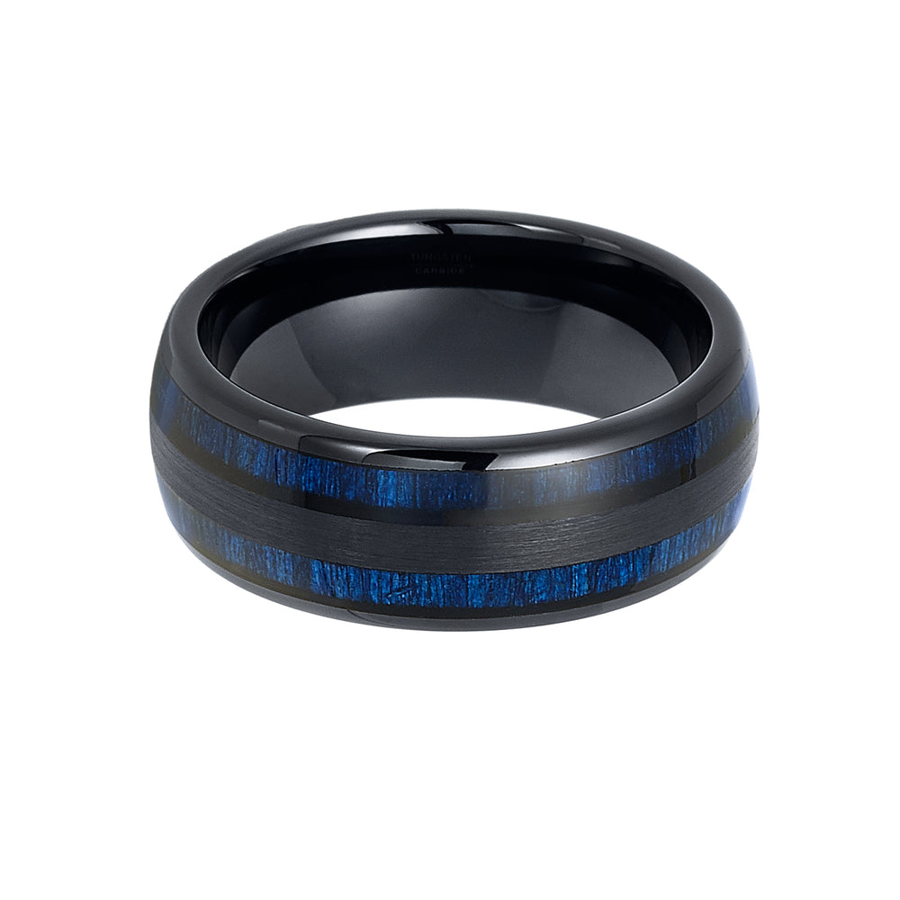 8mm - Tungsten Double Barrel Real Blue Wood Inlay Ring Wedding Band Dome