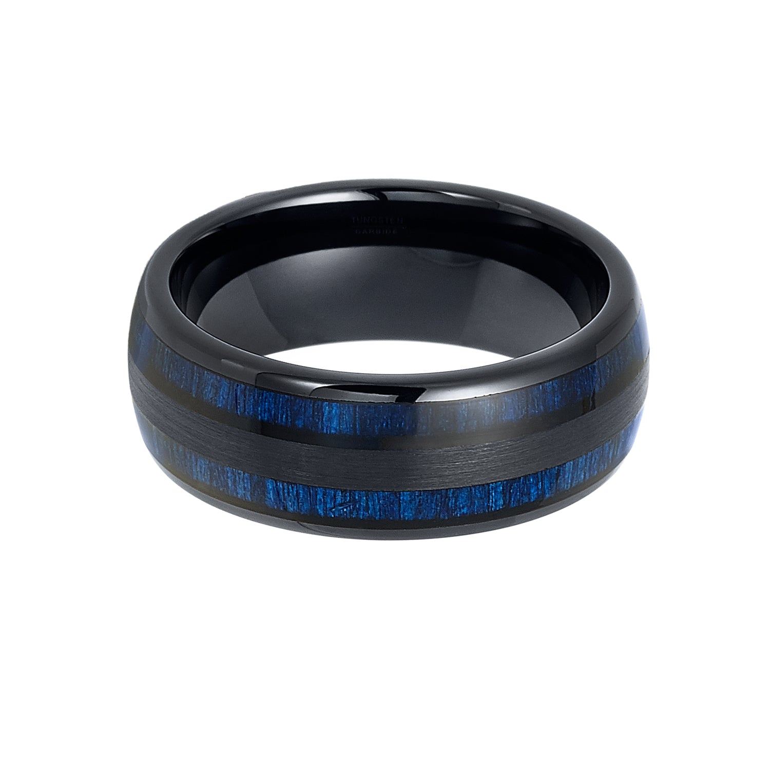 Men's Tungsten Carbide Ring Dome Real Blue Wood Inlay Wedding Band