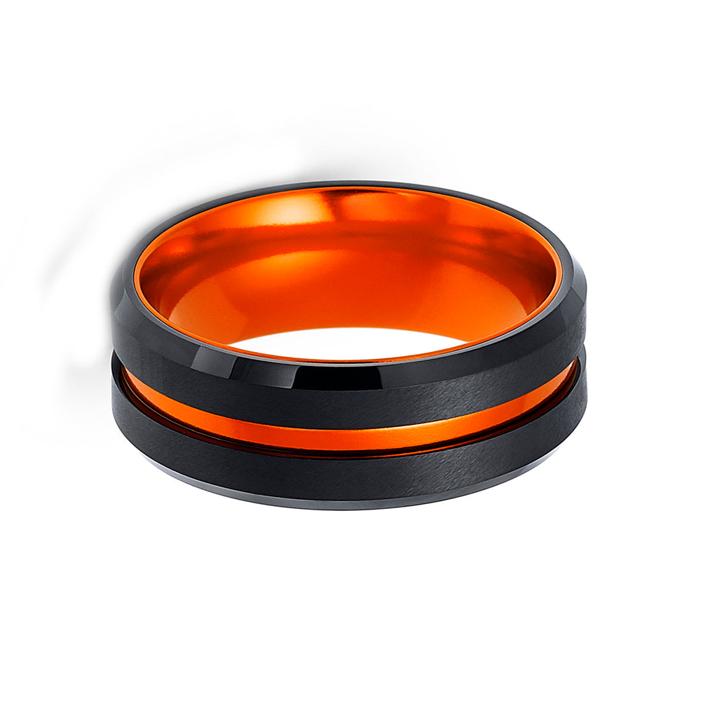 8mm - Black & Orange Brush Matte Finish Tungsten Carbide Ring Beveled Edge Orange Inlay Wedding Band