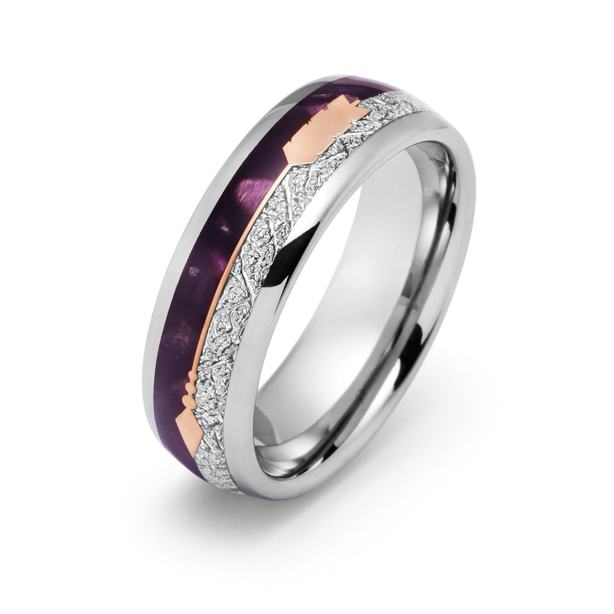 8mm- Silver Tungsten Dome Ring, W/ Purple Agate Rose gold Arrow & Meteorite Inlay