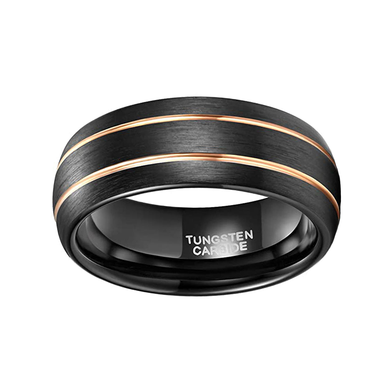 8mm - Black Tungsten Ring Rose Gold Thin Groove Line Dome Brushed Comfort Fit