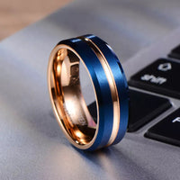 8mm - Rose Gold & Blue Brush Matte Finish Tungsten Carbide Ring Beveled Edge