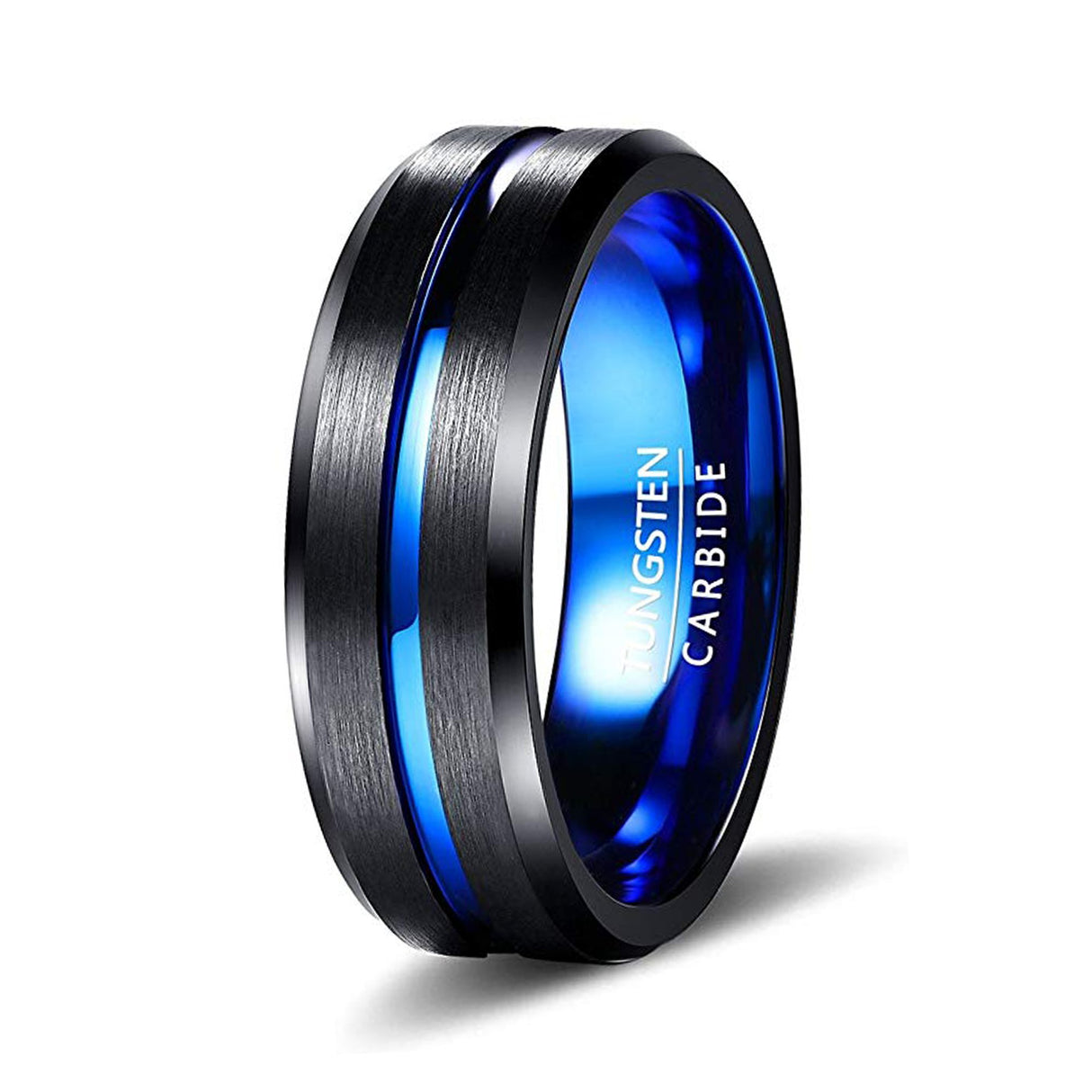 8mm - Black & Blue Tungsten Carbide Ring  Grooved Beveled Edges Wedding Band