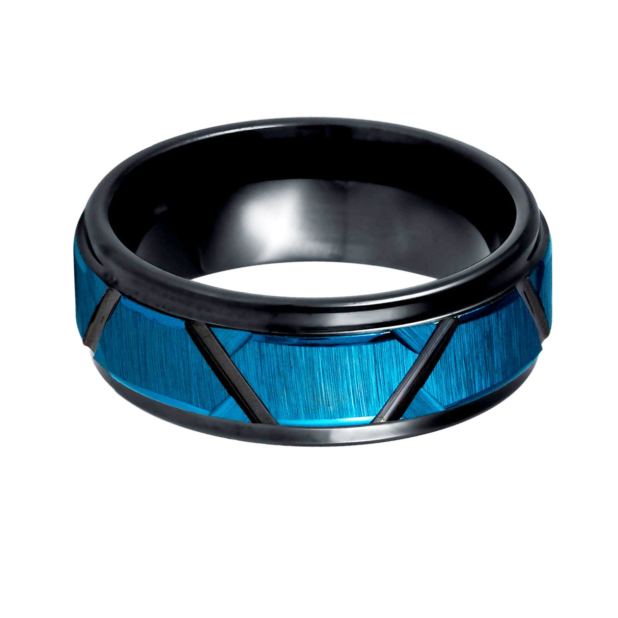 8mm - Tungsten Black & Blue Brushed Ring Trapezoids Stepped Edge Comfort Fit Wedding band