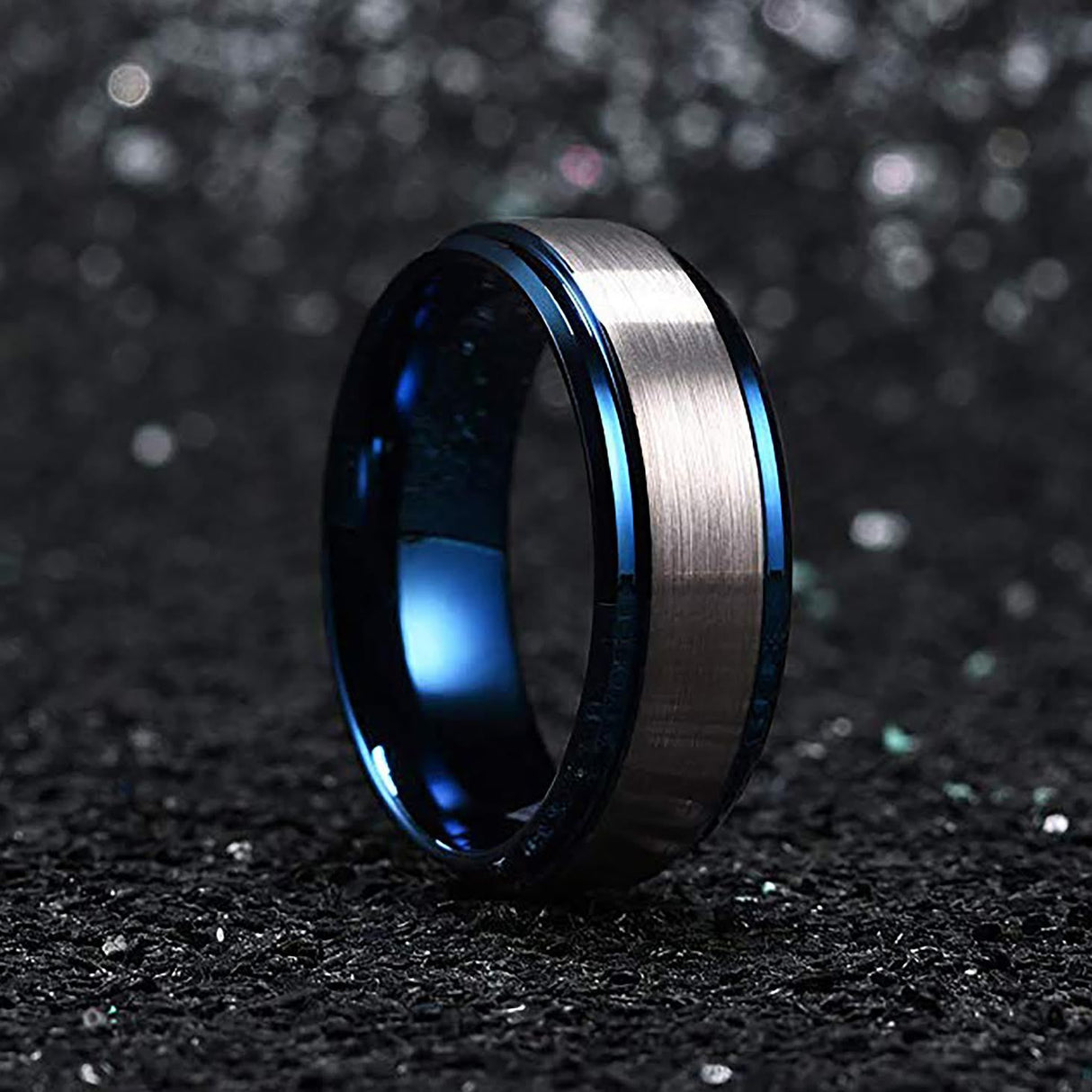 6mm Blue Tungsten Carbide Wedding Band with Polished Blue Edges