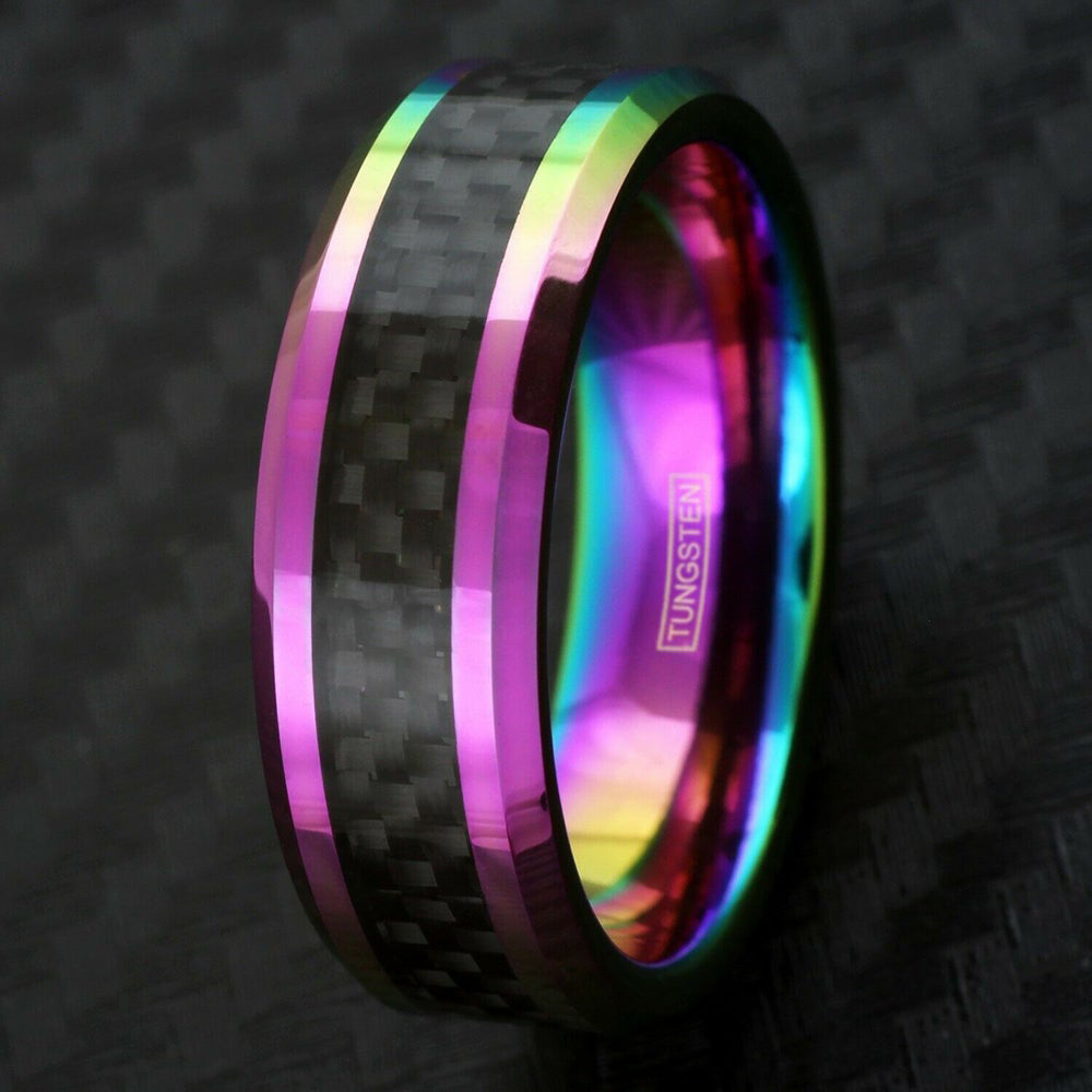 8mm- Tungsten Carbide Ring Metallic Rainbow Finish w/ Black Carbon Fiber Inlay