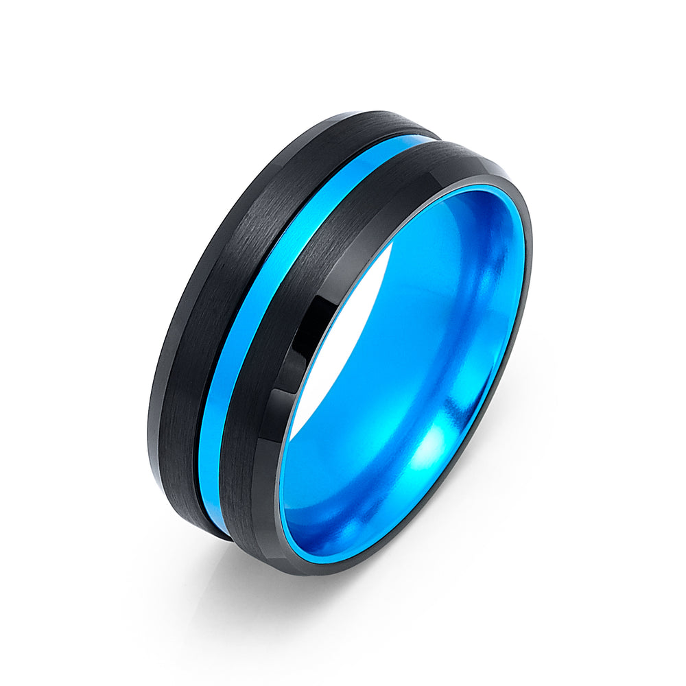 8mm - Tungsten Black Brushed & Sky Blue Wedding Band, with Sky Blue Groove Ring
