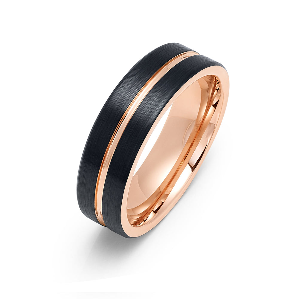 6mm Black & Rose Gold Tungsten Carbide Wedding Ring with Rose Gold Groove