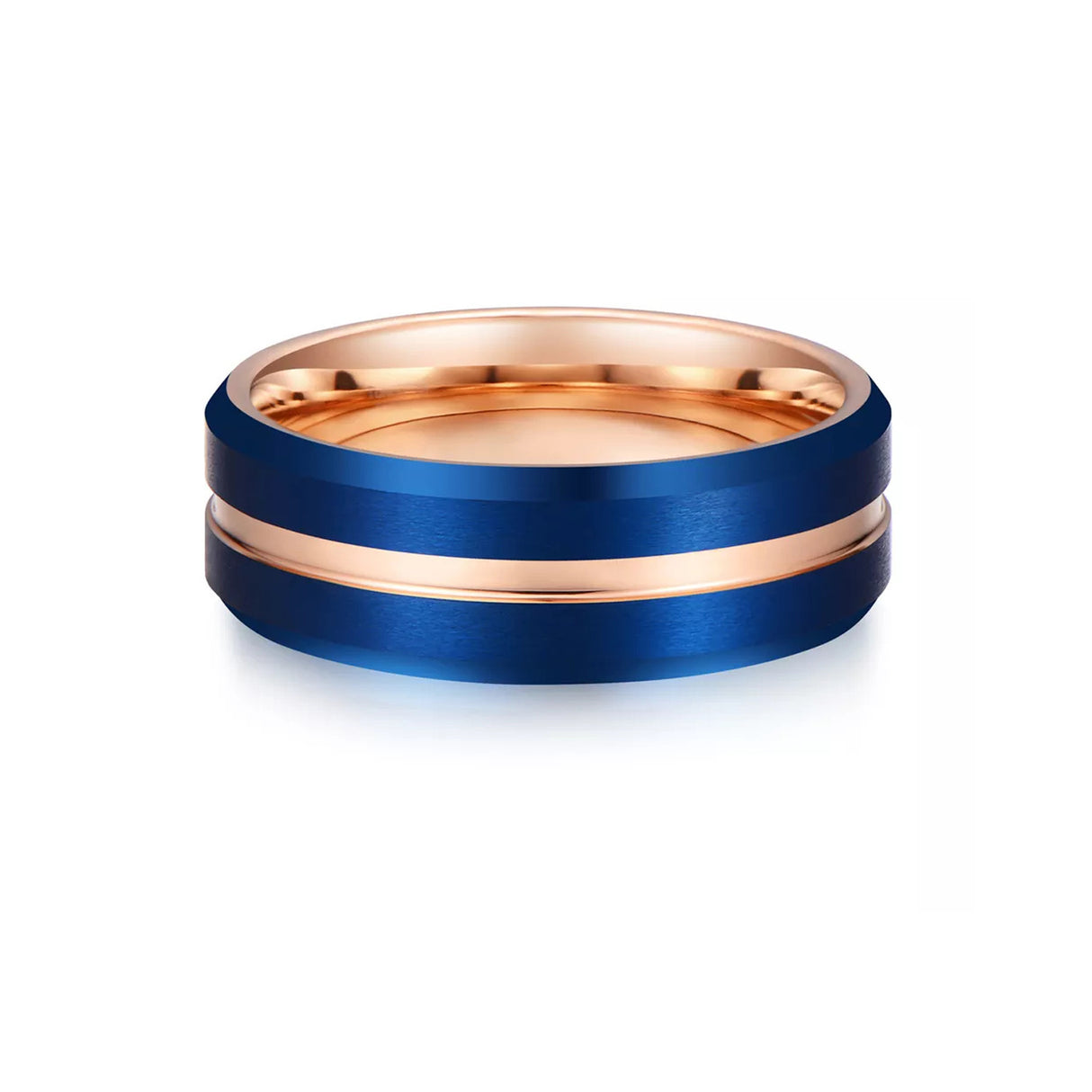 8mm - Rose Gold & Blue Brush Matte Finish Tungsten Carbide Ring Beveled Edge