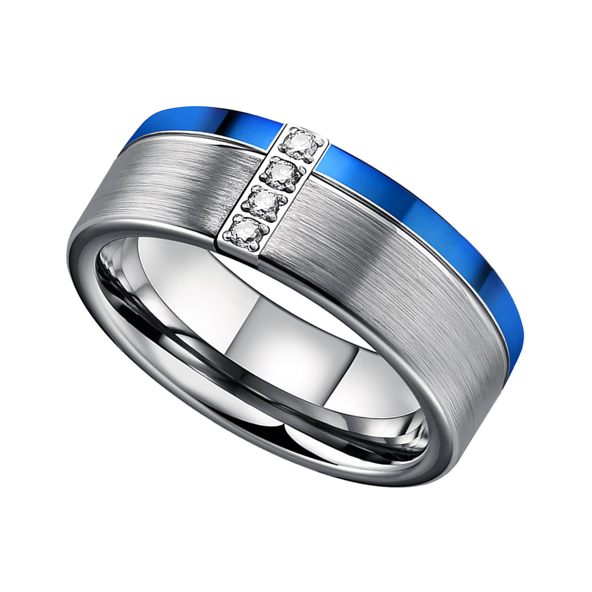 8mm - Silver Tungsten Wedding Ring with Blue Edge with 4 Cubic Zircon ...