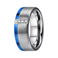 8mm - Silver Tungsten Wedding Ring with Blue Edge with 4 Cubic Zircon Diamonds