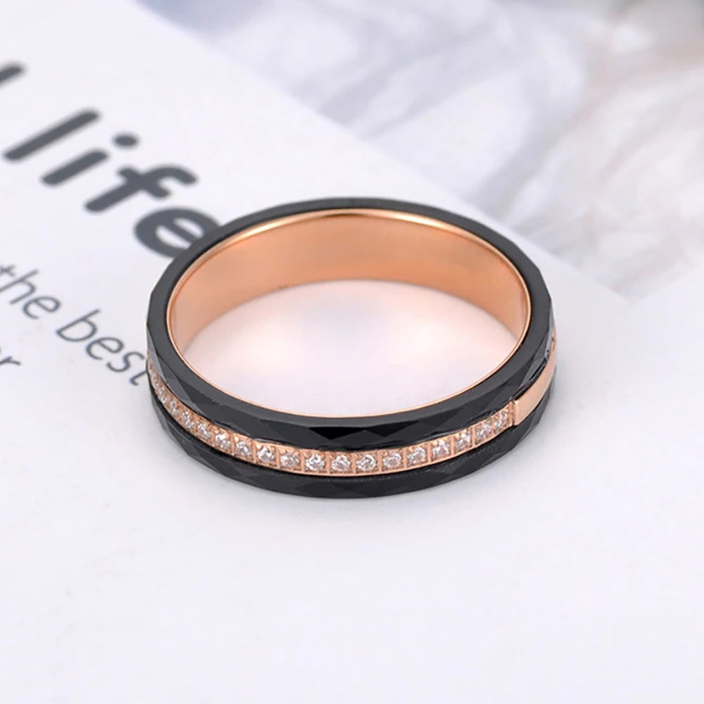 4mm Titanium / Ceramic Black & Rose Gold Woman's Ring W/ CZ Diamonds