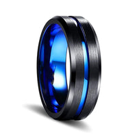 8mm - Black & Blue Tungsten Carbide Ring  Grooved Beveled Edges Wedding Band