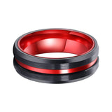 8mm - Black & Red Brush Matte Finish Tungsten Carbide Ring Beveled Edge Red Inlay Wedding Band