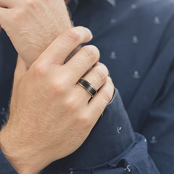 8mm - Tungsten Black & Gold Wedding Band, Stepped Edges, Brushed Ring