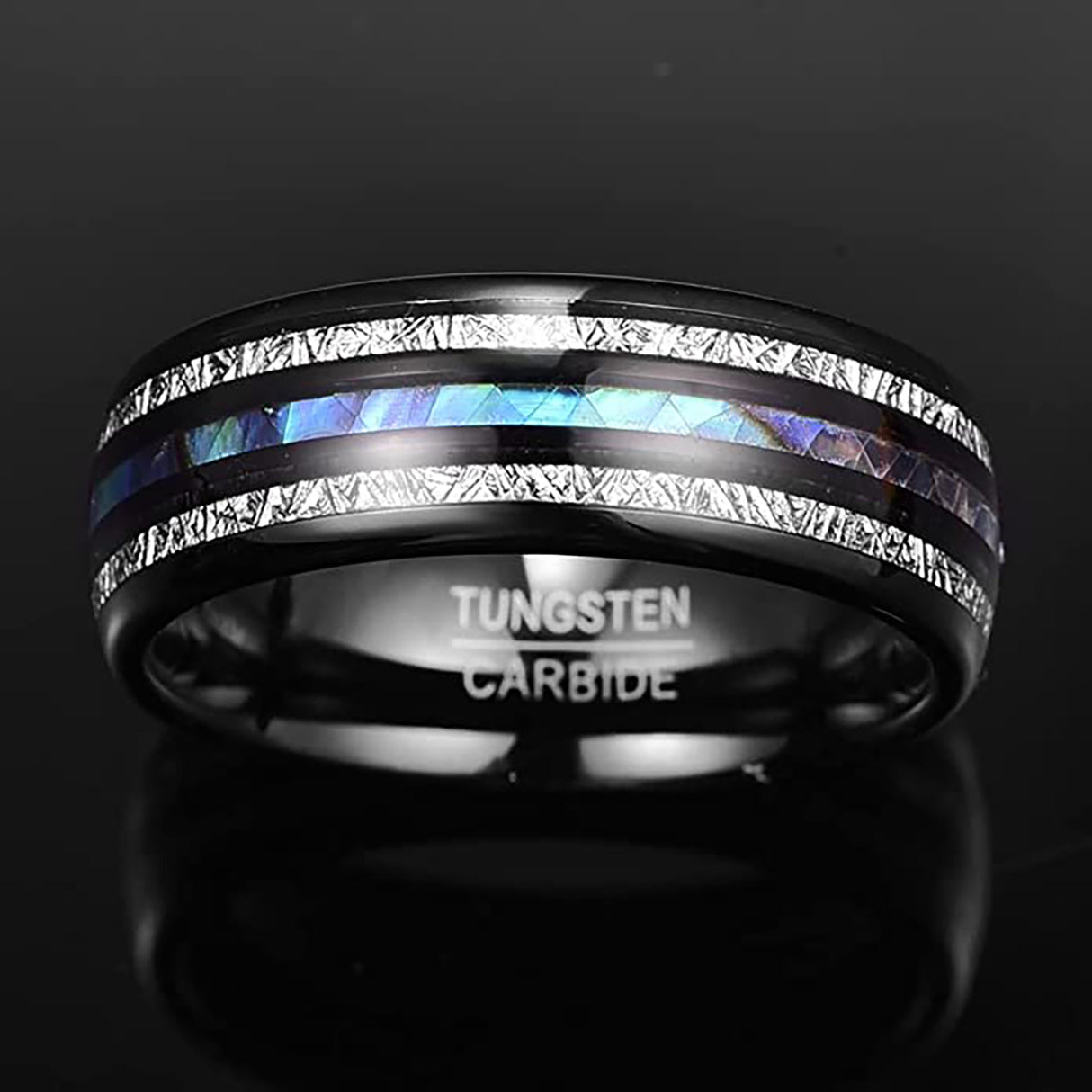 8mm - Mens Domed Tungsten Meteorite Ring, W/ Abalone Shell Inlay